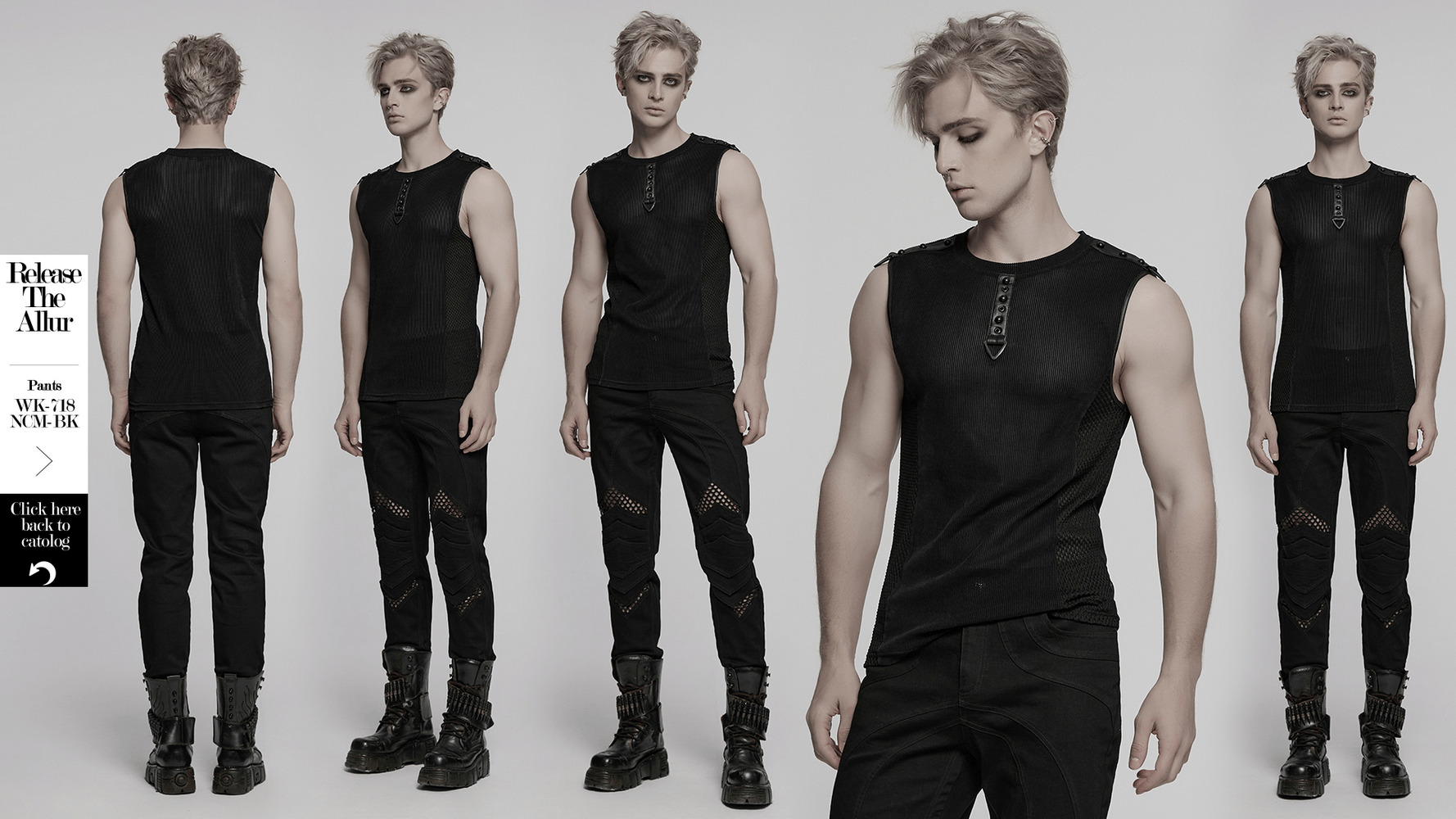 Black mesh cyberpunk tank top featuring buckles and a sleek design, perfect for alternative streetwear styles.