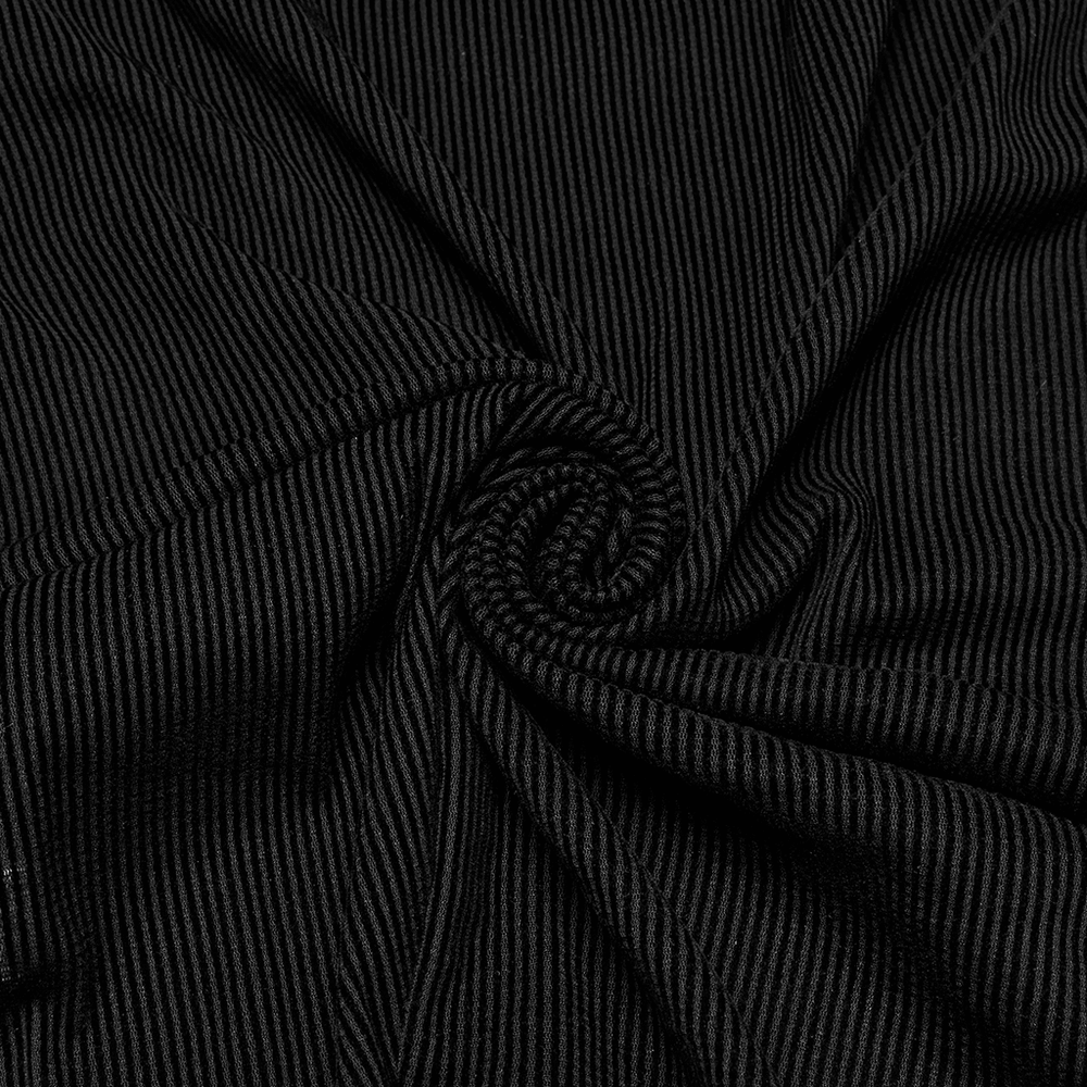 Close-up of black striped fabric showcasing elastic texture, perfect for cyberpunk fashion designs.