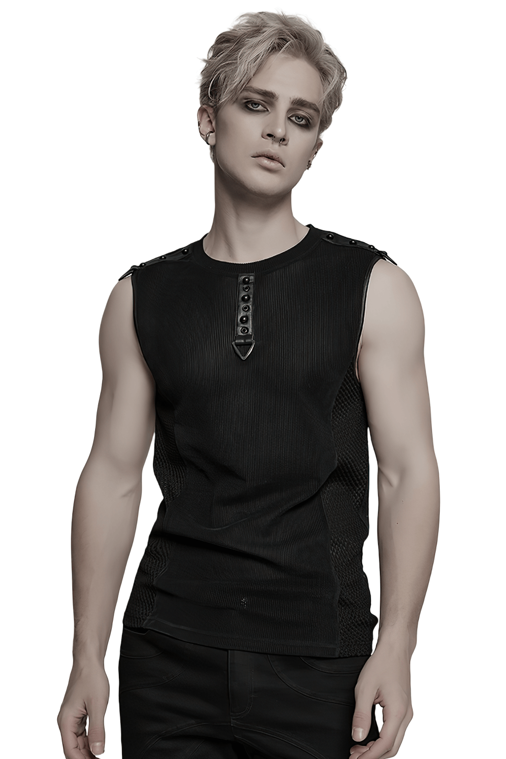 Black mesh cyberpunk tank top with buckle details, featuring a sleek fit and futuristic design.