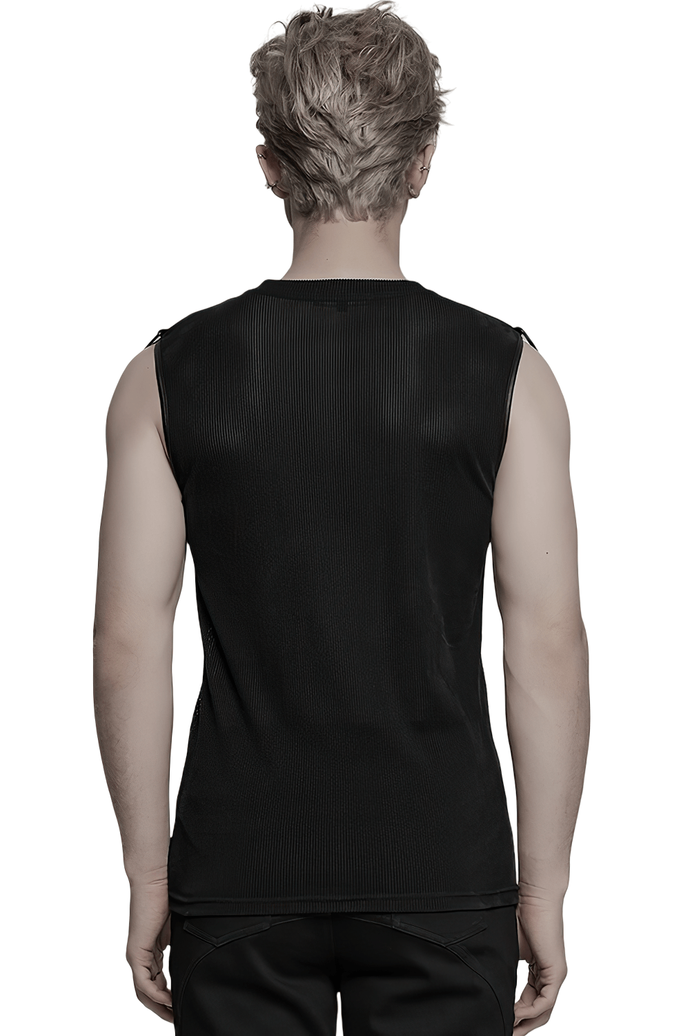 Back view of a sleek black mesh tank top showcasing its fitted design and modern styling.