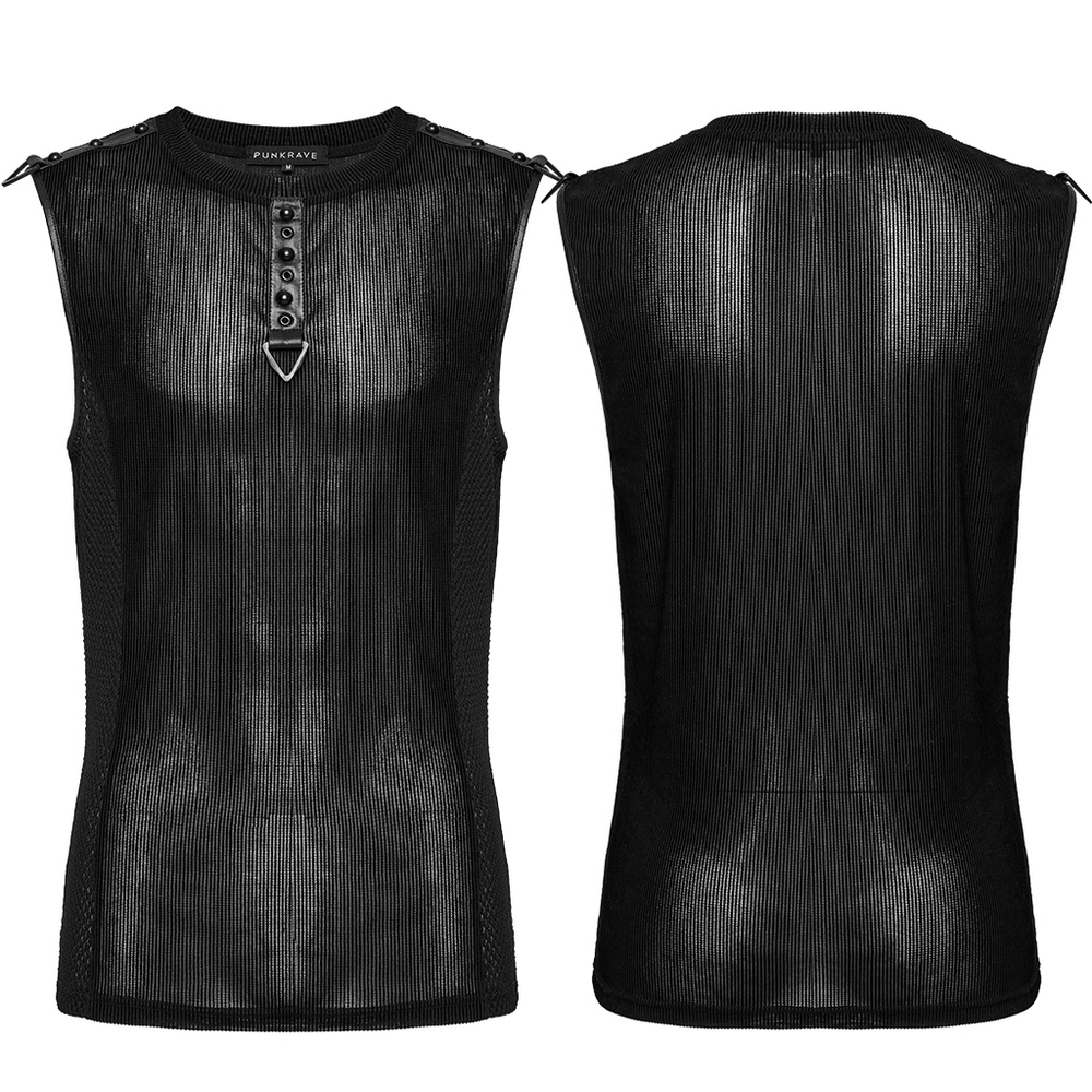 Black Mesh Cyberpunk Tank Top with Buckle Detail showcasing futuristic design and unique splicing, perfect for alternative streetwear.