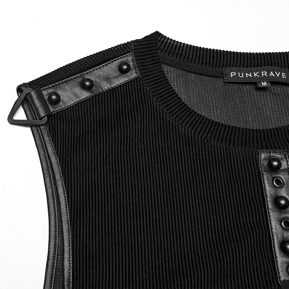 Close-up of a black mesh tank top featuring buckle details and snap buttons, perfect for a cyberpunk aesthetic.