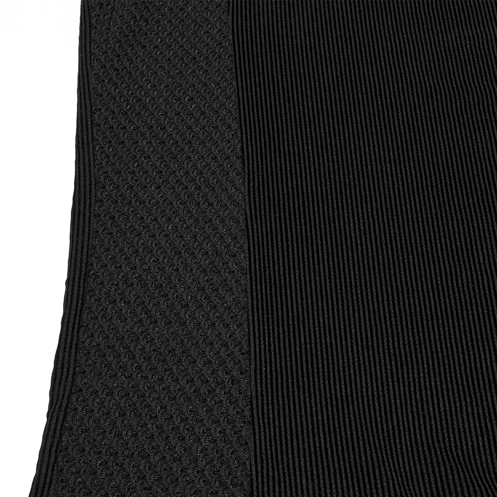 Close-up of black mesh fabric featuring striped flocking and rhombus textures, ideal for cyberpunk style.