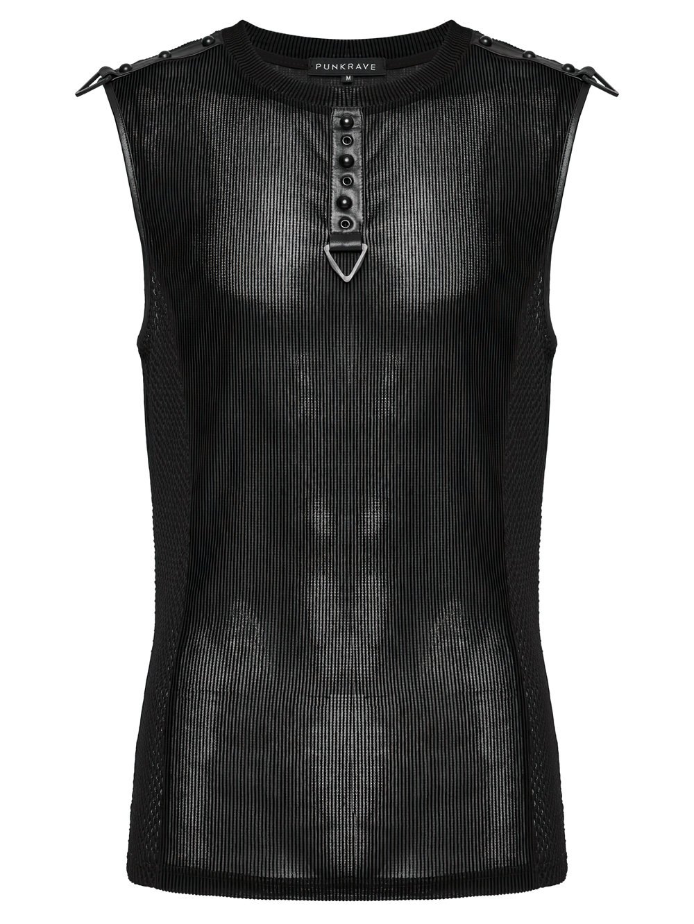Black mesh cyberpunk tank top with buckle detail, featuring striped pattern and sleek futuristic design.
