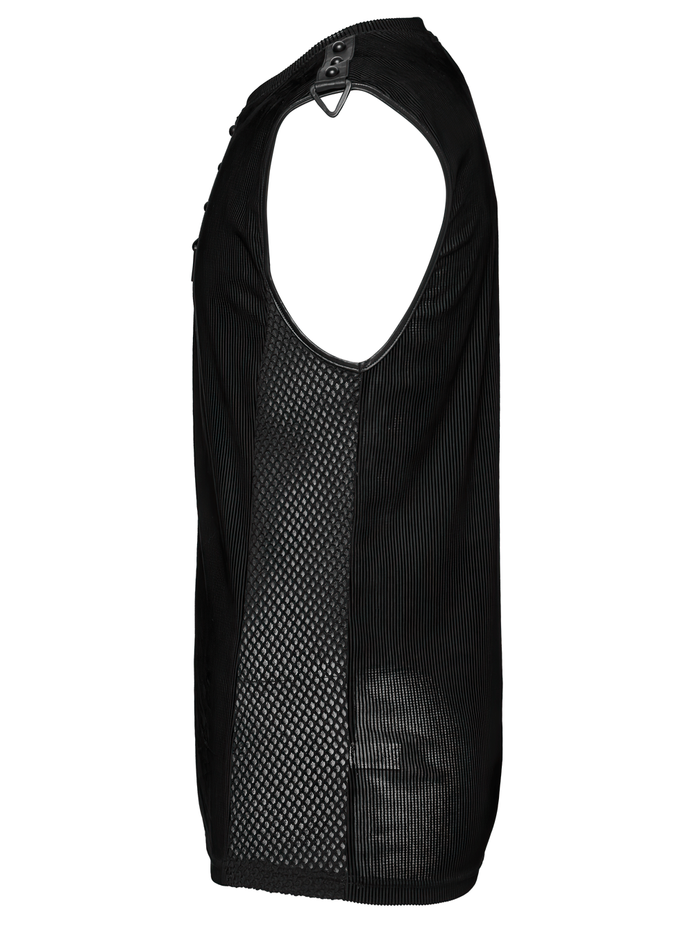 Black mesh cyberpunk tank top showcasing sleek buckle details and spliced mesh fabric for a futuristic look.