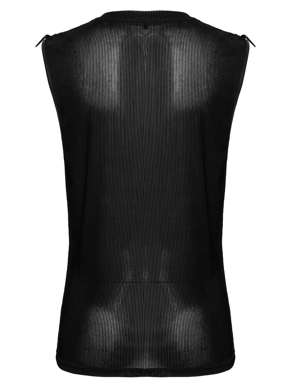 Back view of a black striped cyberpunk tank top with mesh fabric and stylish shoulder buckles.