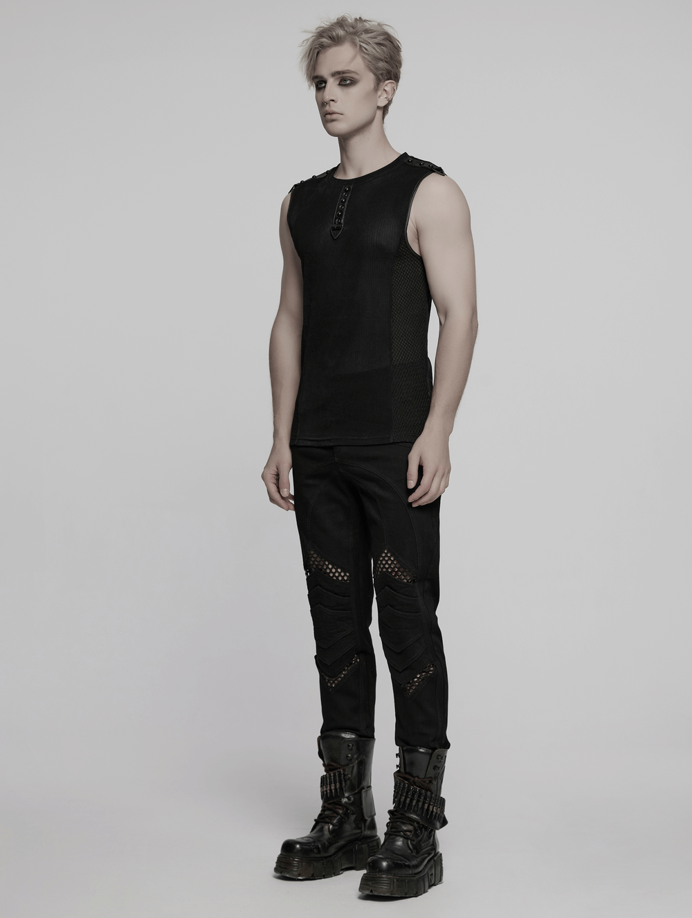 Black mesh cyberpunk tank top with buckle detail, paired with edgy black pants and boots for a sleek alternative look.