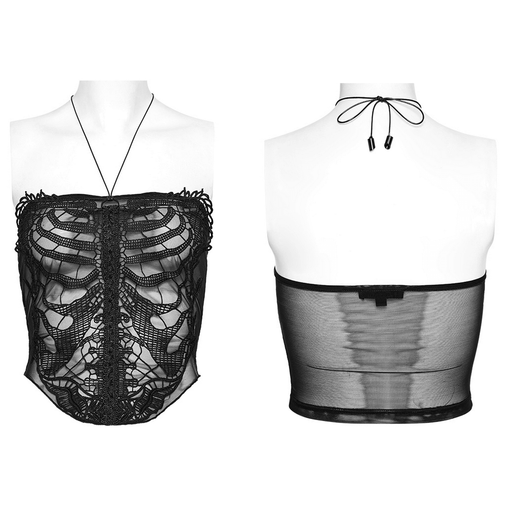 Black mesh halter top featuring embroidered gothic skeleton design and ribbed detailing, perfect for edgy goth outfits.