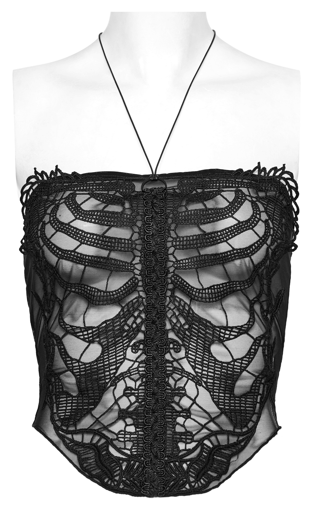 Black mesh halter top with embroidered gothic skeleton design, perfect for edgy goth outfits.