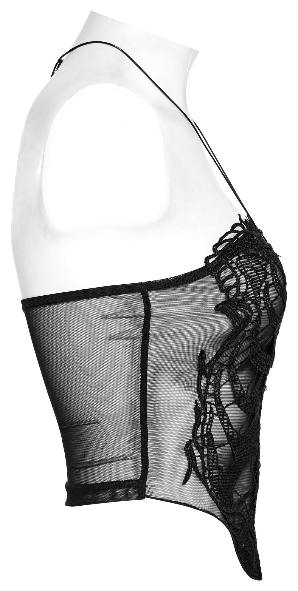 Edgy black mesh halter top featuring embroidered gothic skeleton design, perfect for a gothic chic outfit.