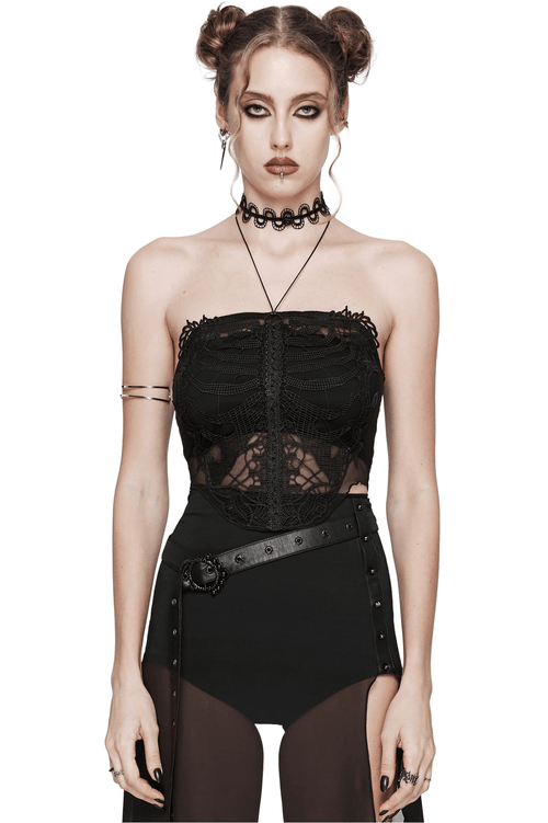 Black Mesh Halter Top with Embroidered Gothic Skeleton
