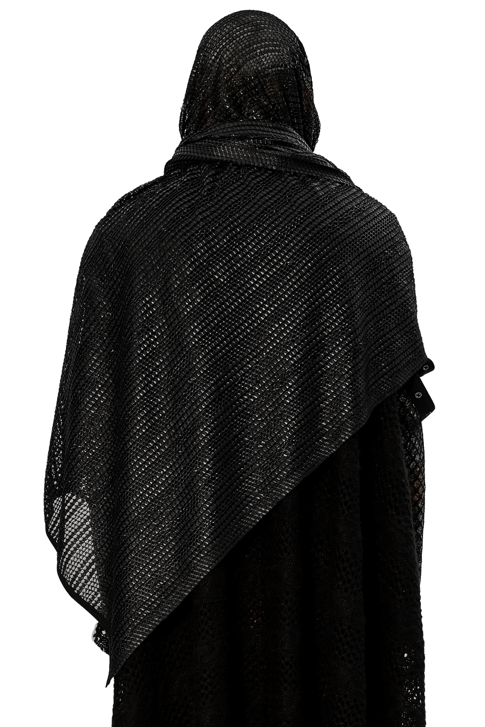 Black mesh hooded scarf viewed from the back, showcasing its edgy, post-apocalyptic design and versatile styling.