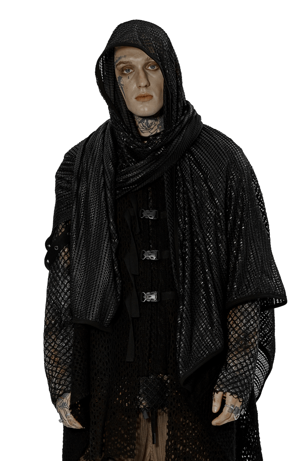 Edgy black mesh hooded scarf showcased on a mannequin, perfect for futuristic festival and post-apocalyptic fashion.