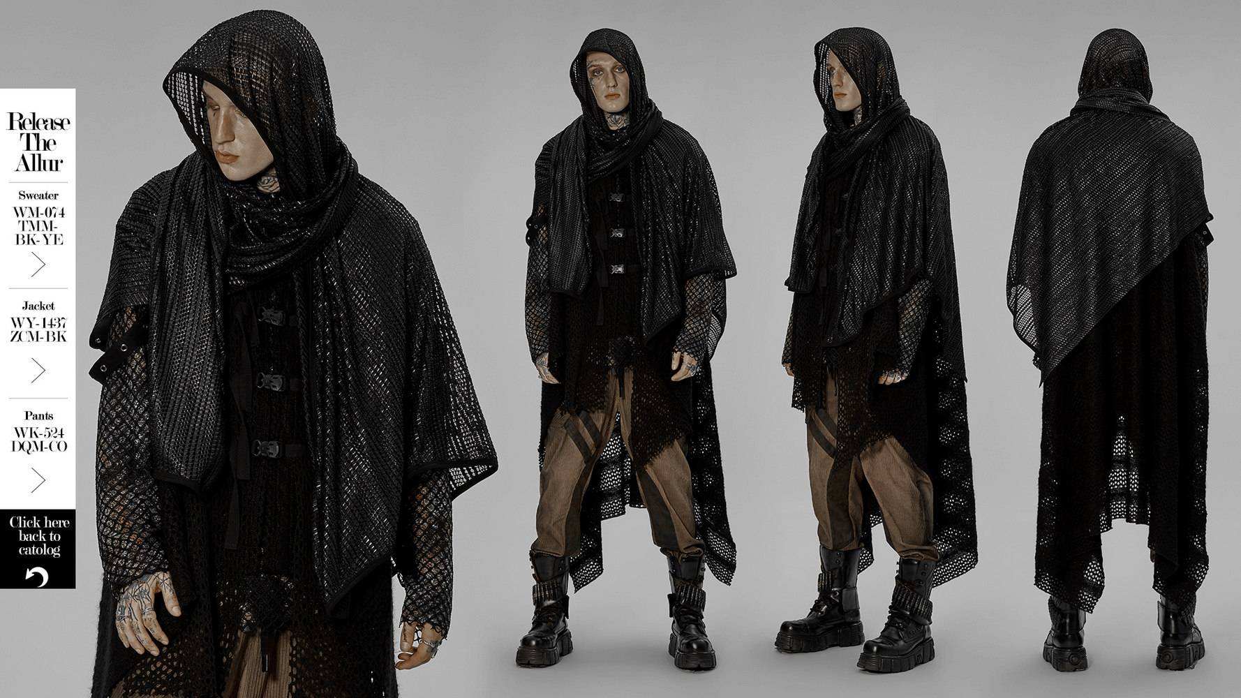 Black mesh hooded scarf worn as a futuristic wrap for sci-fi and festival fashion, showcasing versatile styling.