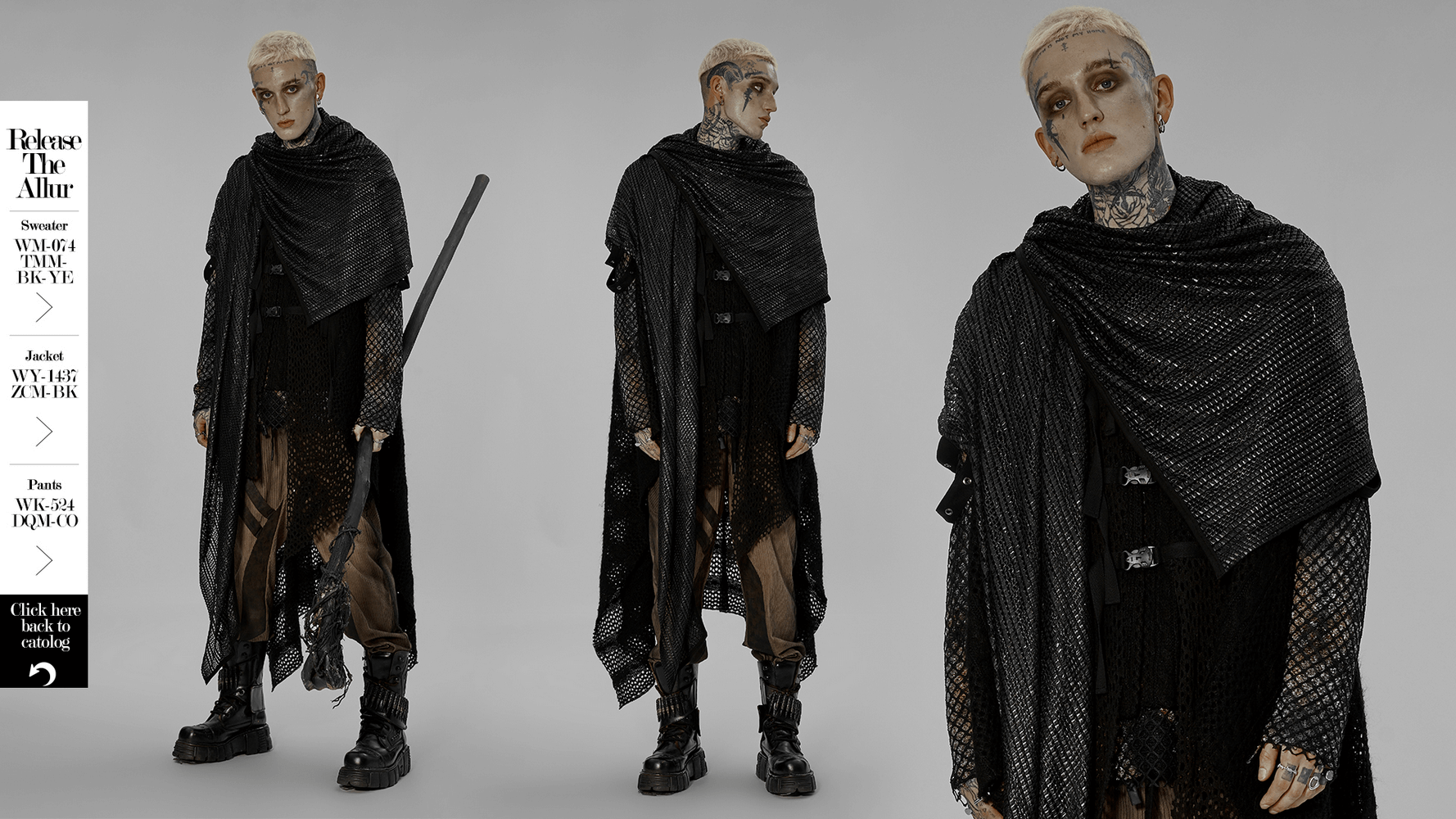 Model showcasing a black mesh hooded scarf, perfect for futuristic festival fashion and post-apocalyptic looks.