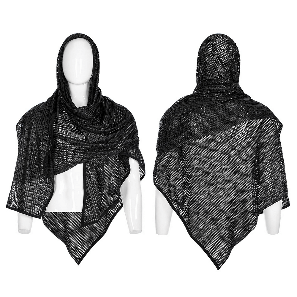 Black mesh hooded scarf displayed on a mannequin, showcasing its futuristic design for sci-fi and festival fashion.