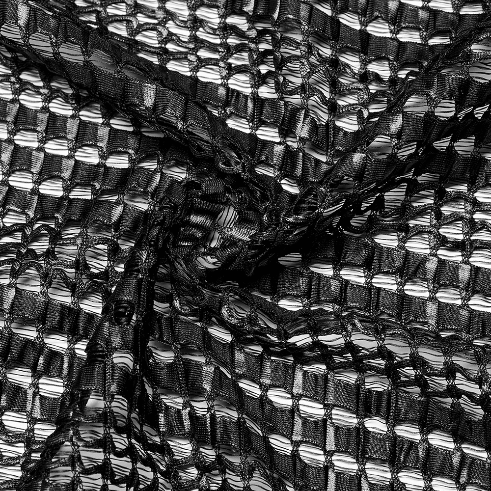 Close-up of black mesh fabric, showcasing a non-elastic stripe design, ideal for a futuristic hooded scarf.