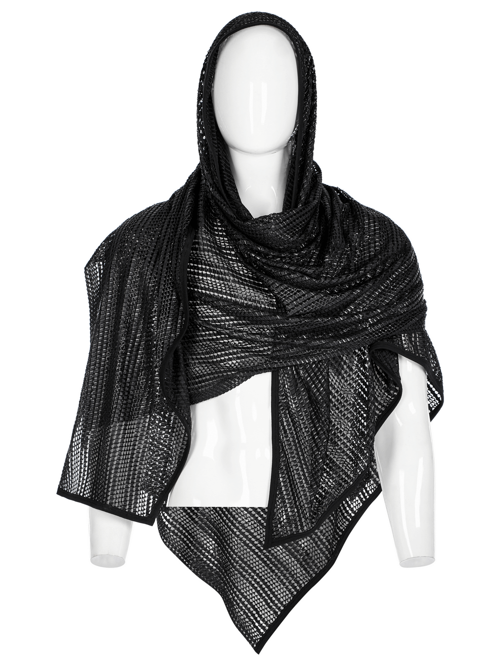 Black mesh hooded scarf showcasing a futuristic design, perfect for post-apocalyptic and festival fashion.