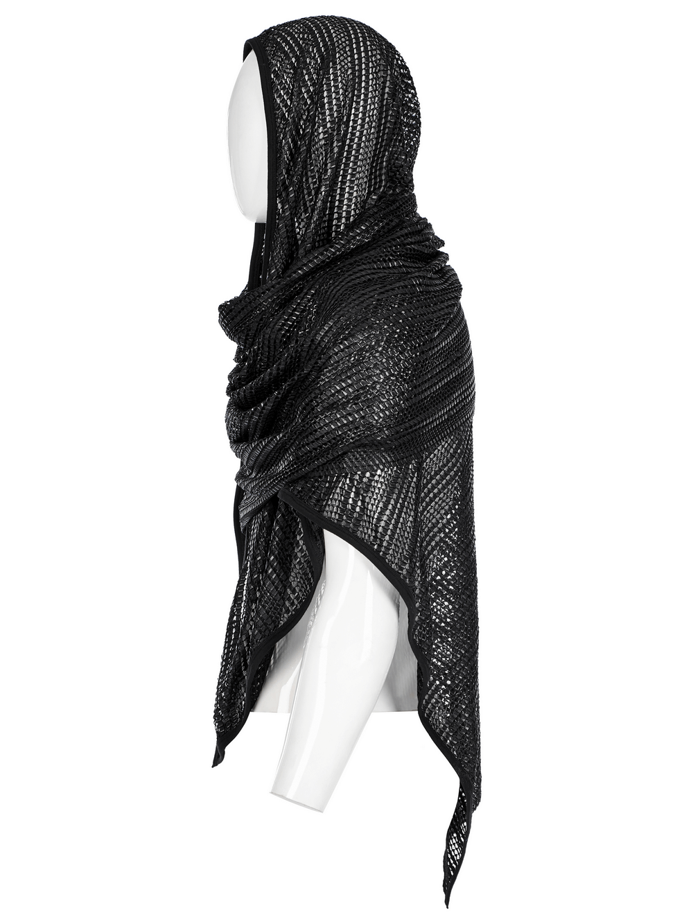 Black mesh hooded scarf showcasing an edgy design, perfect for futuristic and festival fashion styles.