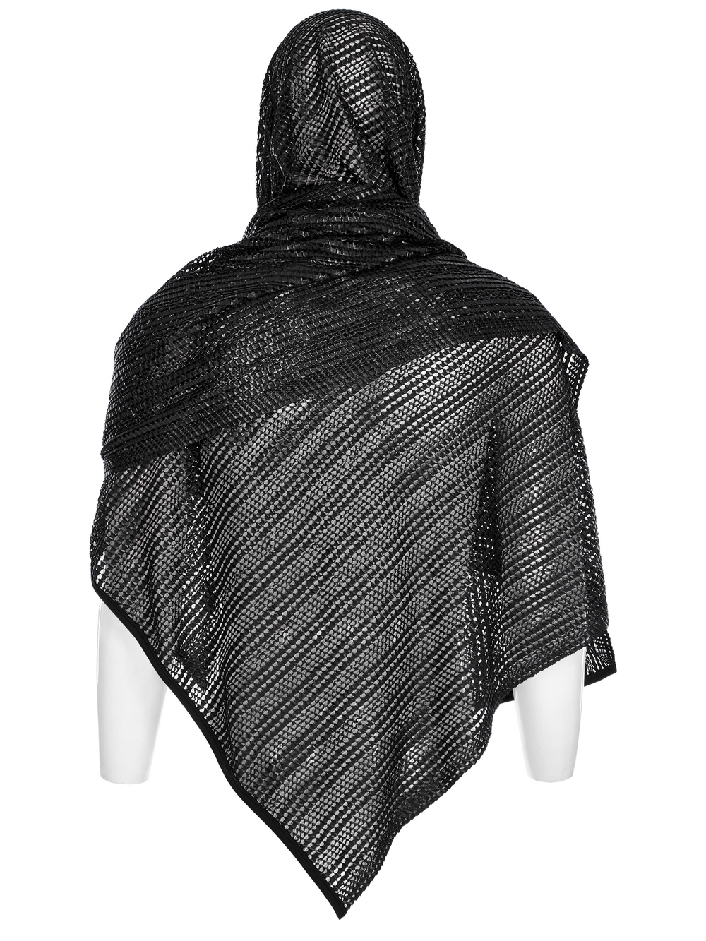 Black mesh hooded scarf for futuristic fashion, showcasing a stylish, versatile design perfect for layering.