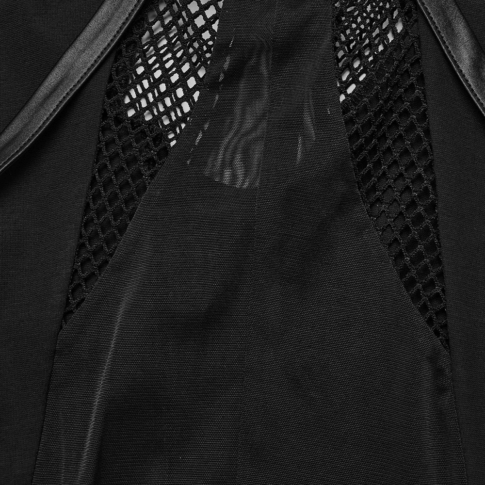 Close-up of black mesh inlay on gothic skinny pants showcasing punk style and striking fabric detail.