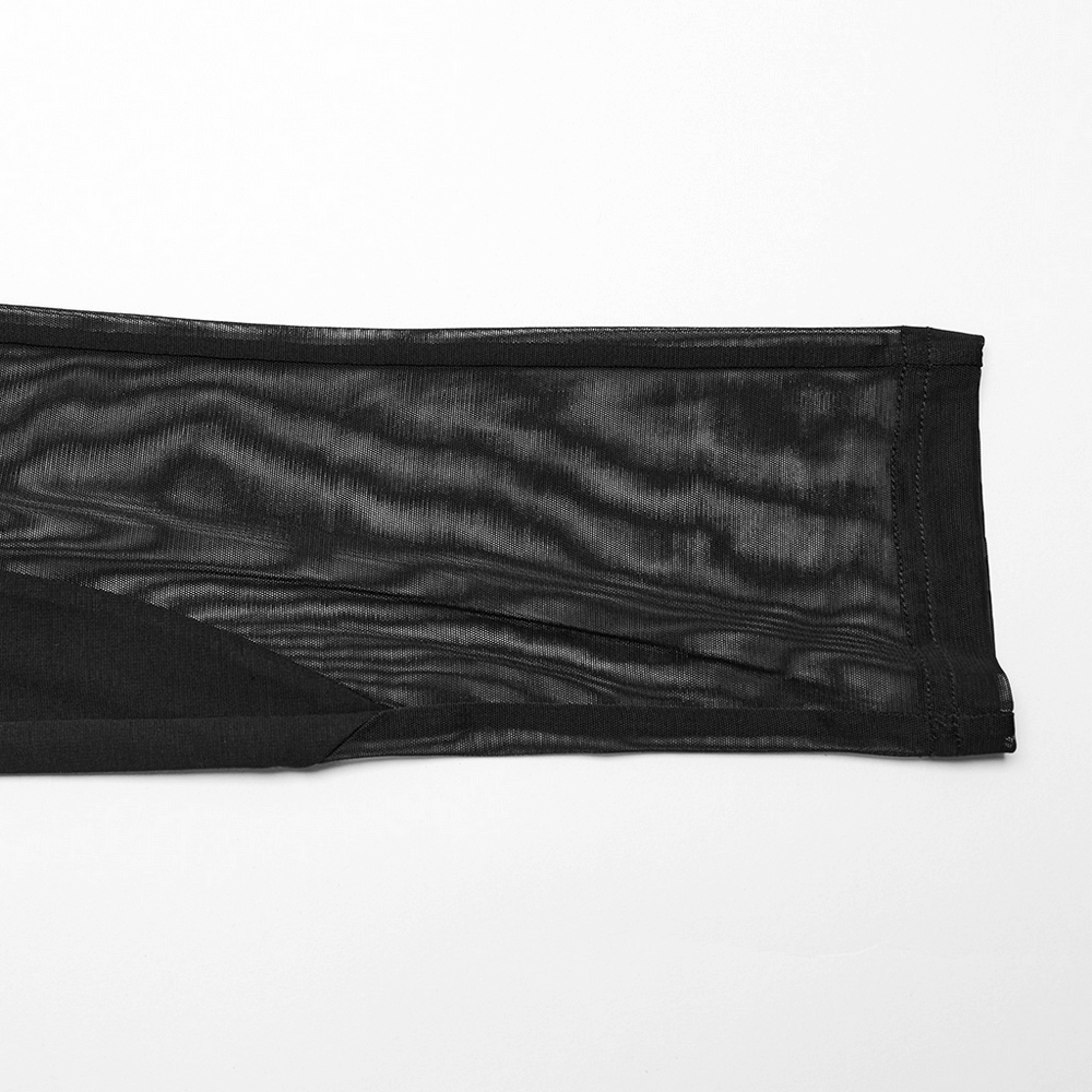 Close-up of black mesh inlay on skinny gothic style leggings, showcasing elegant radial hollow design.