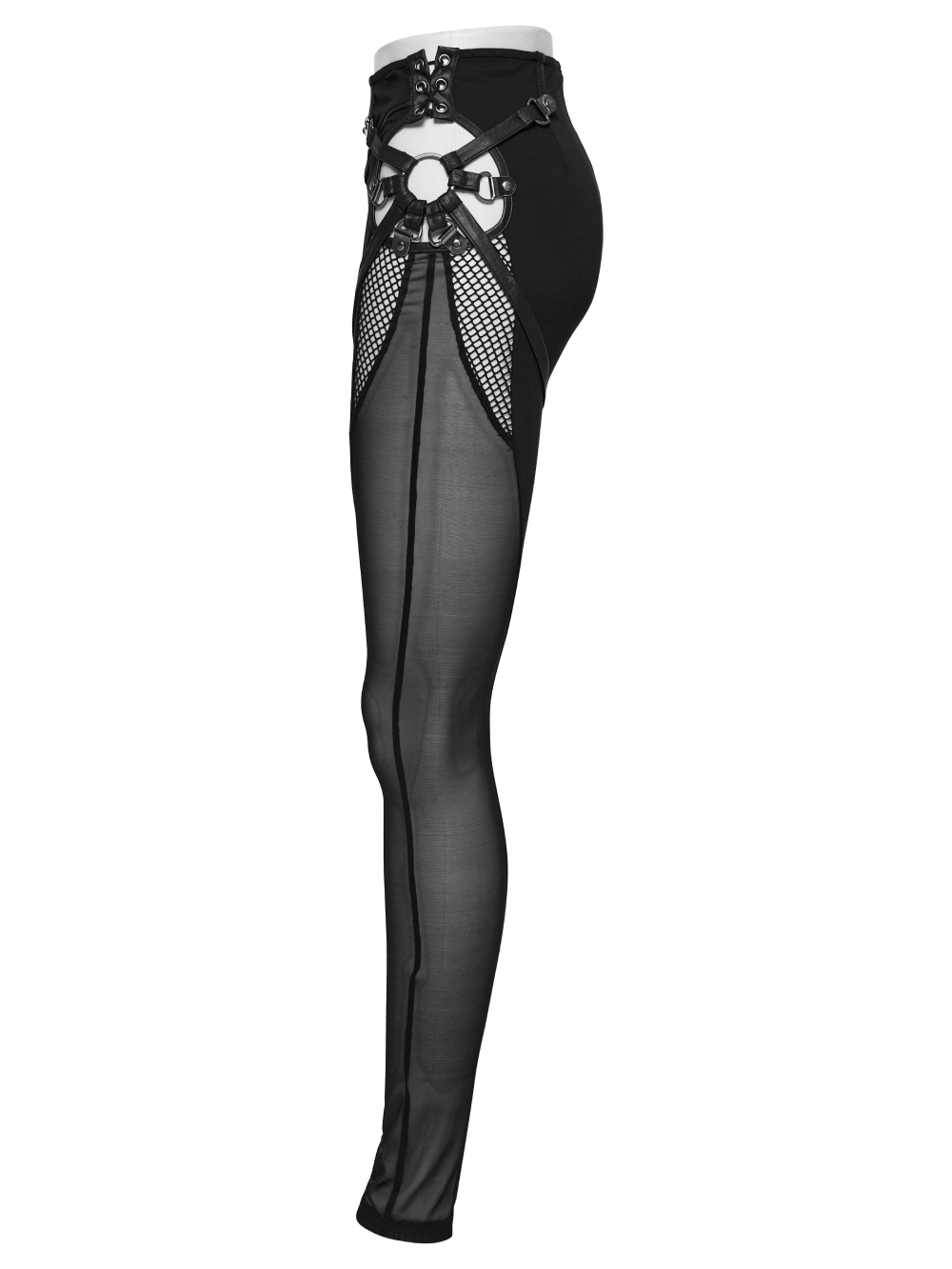 Black mesh inlay Gothic skinny leggings with radial hollow sides and punk style for a bold fashion statement.