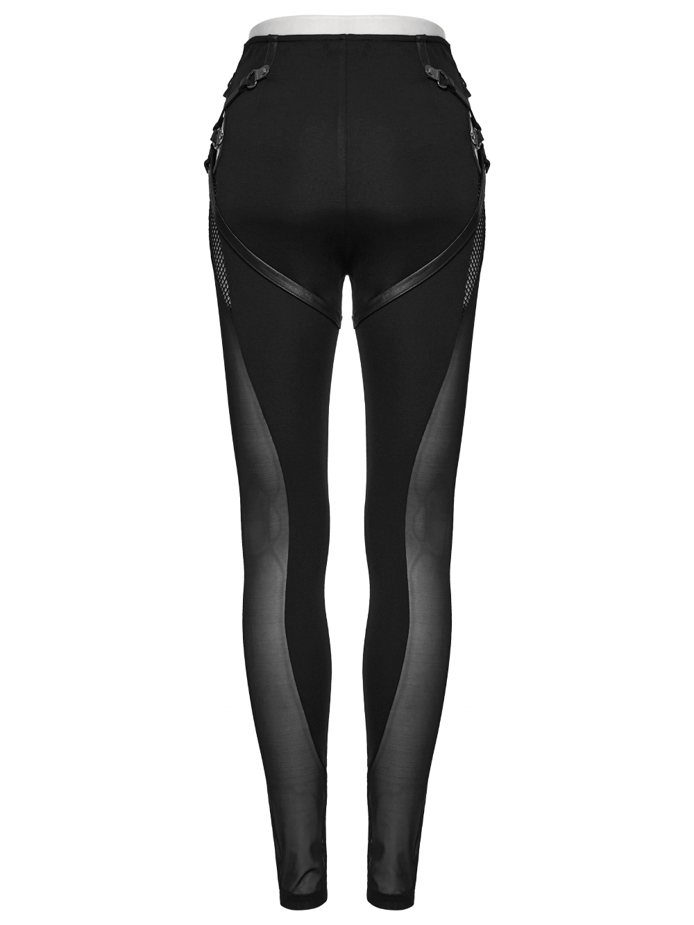 Back view of Black Mesh Inlay Gothic Style Skinny Pants with hollow sides, showcasing a sleek punk design.