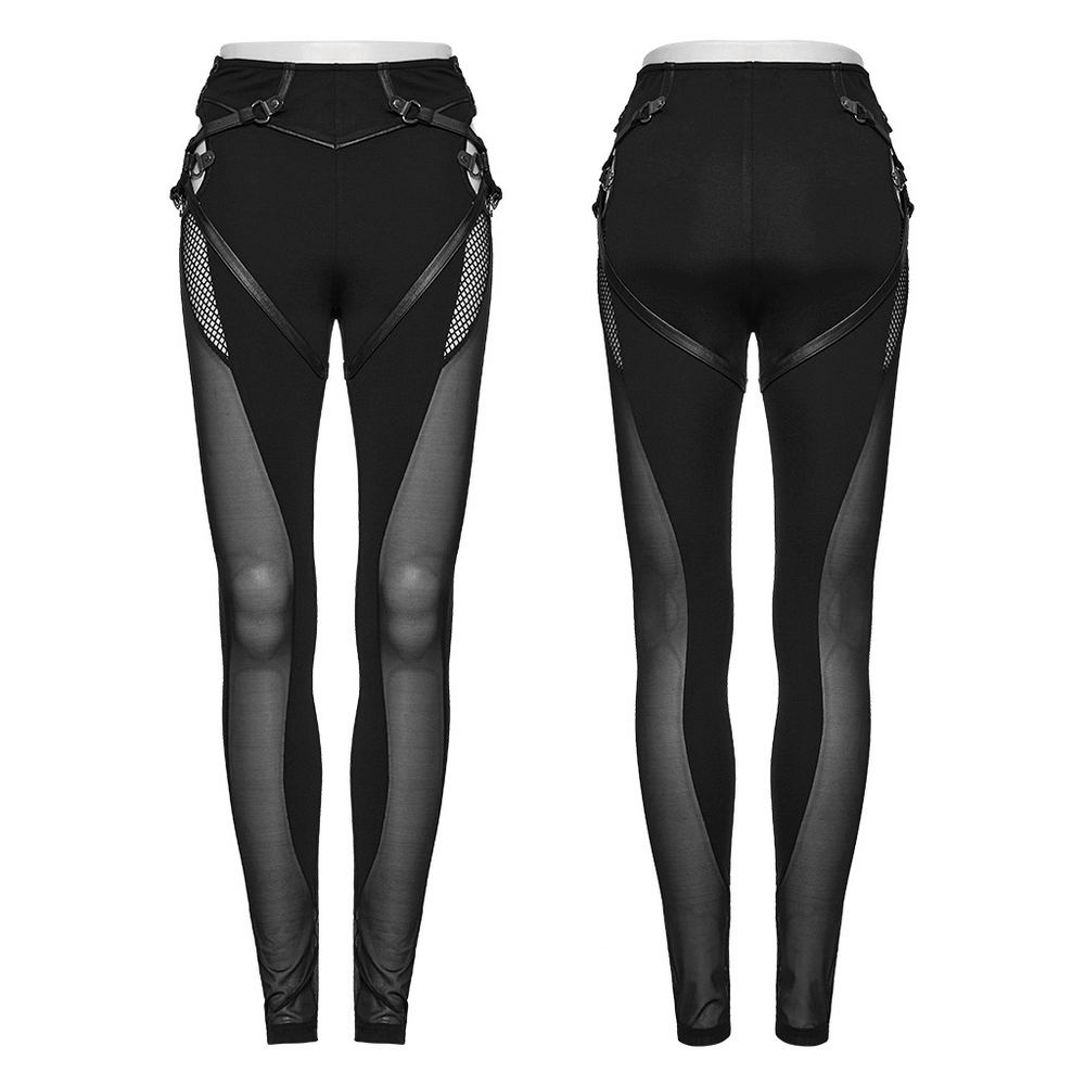 Black mesh inlay gothic skinny leggings with radial hollow sides and punk style design.