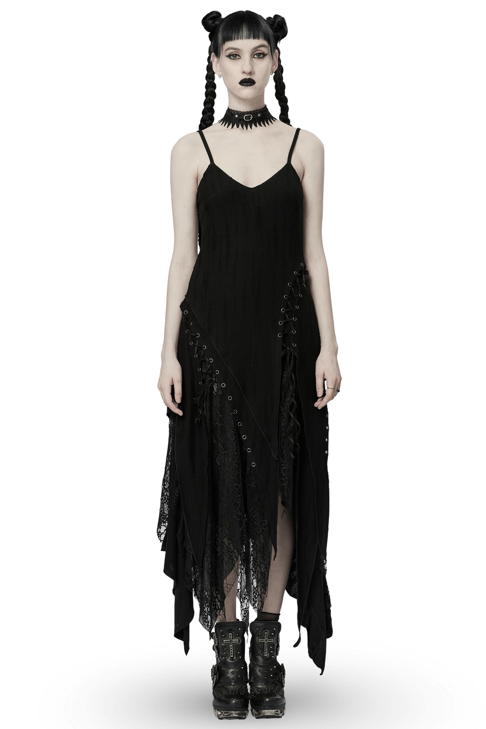 Black mesh lace asymmetrical gothic dress with edgy hem and lace detailing, perfect for a dramatic gothic look.