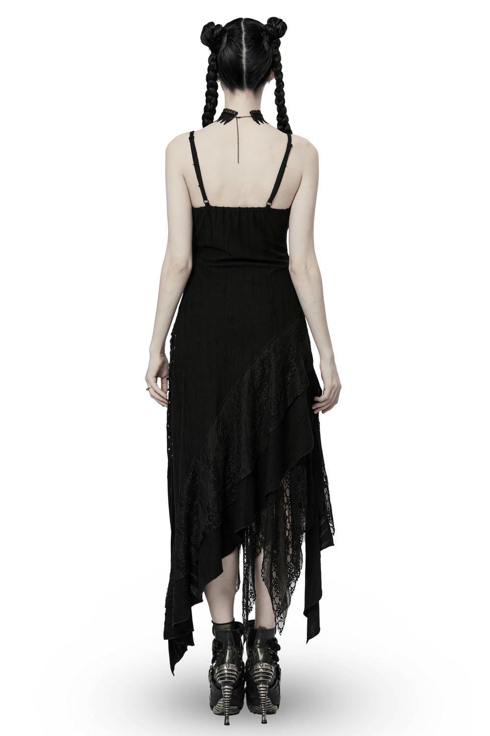 Back view of a black asymmetrical gothic dress with lace hem, showcasing edgy style and elegant detailing.