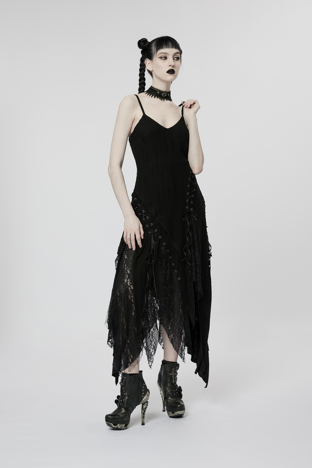 Black Mesh Lace Asymmetrical Pointed Gothic Dress