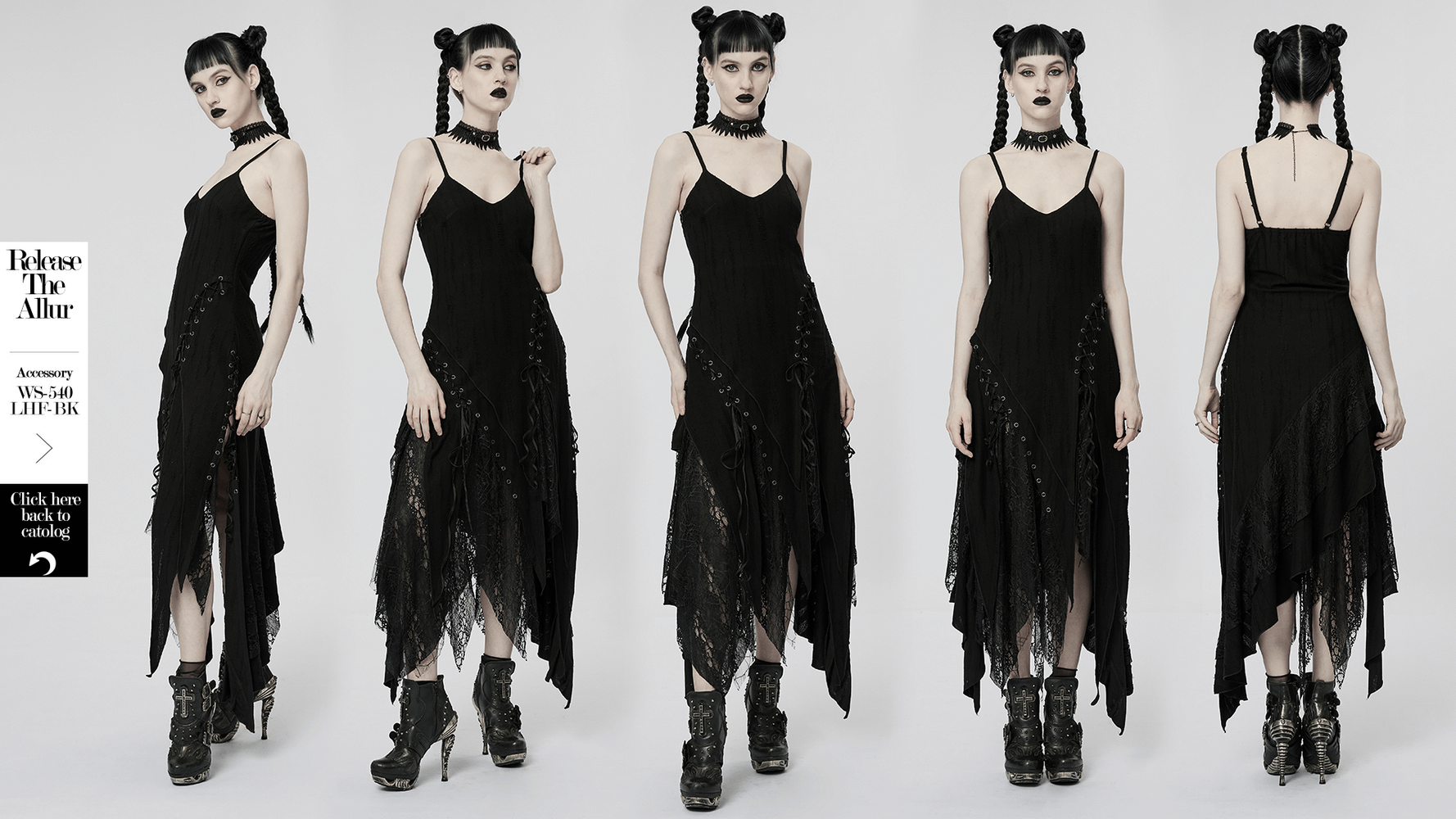 Black mesh lace asymmetrical gothic dress with edgy hem and invisible zipper, showcasing a dramatic pointed silhouette.