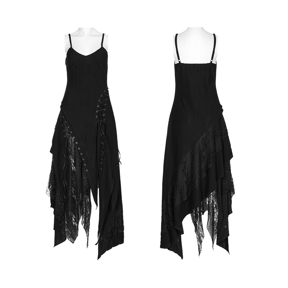 Black mesh lace asymmetrical gothic dress with edgy hem, showcasing intricate woven fabric and elegant pointed design.