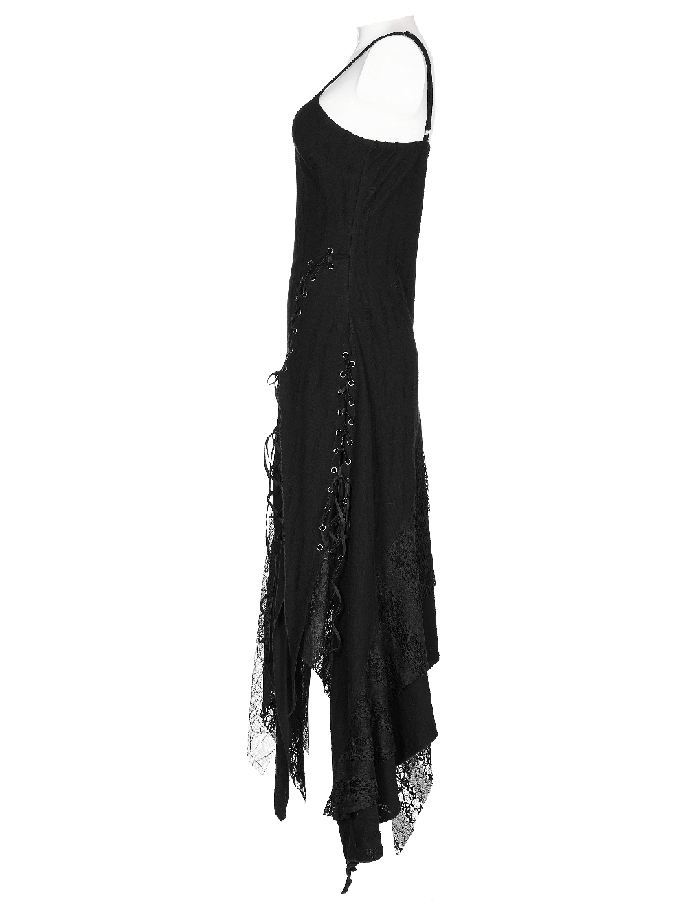 Elegant black mesh lace asymmetrical gothic dress with edgy pointed hem and luxurious lace detailing.