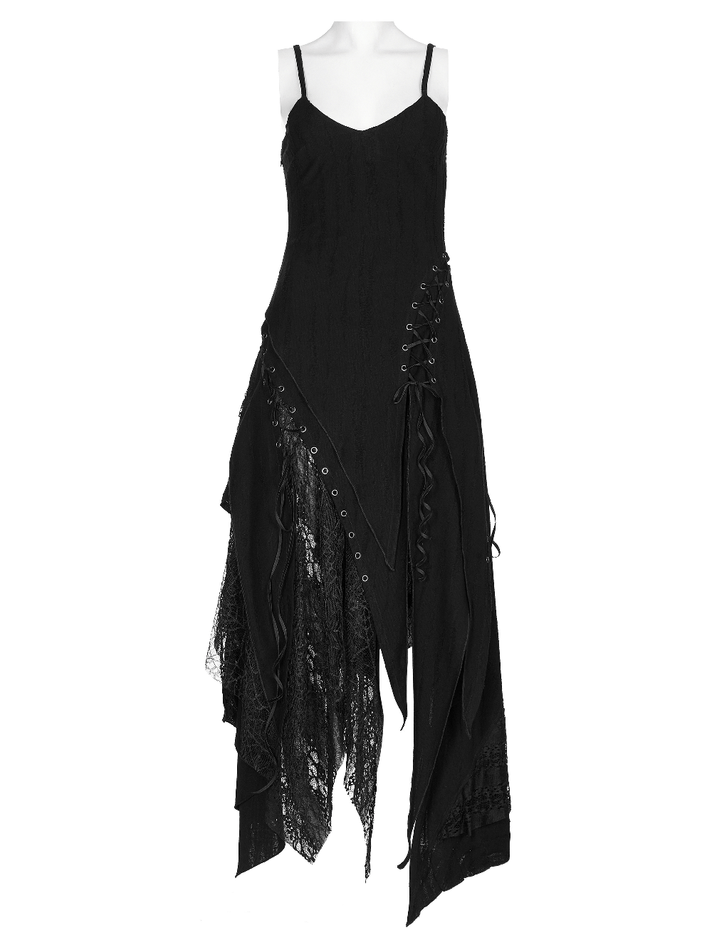 Black mesh lace asymmetrical gothic dress with edgy hem and luxurious textures.