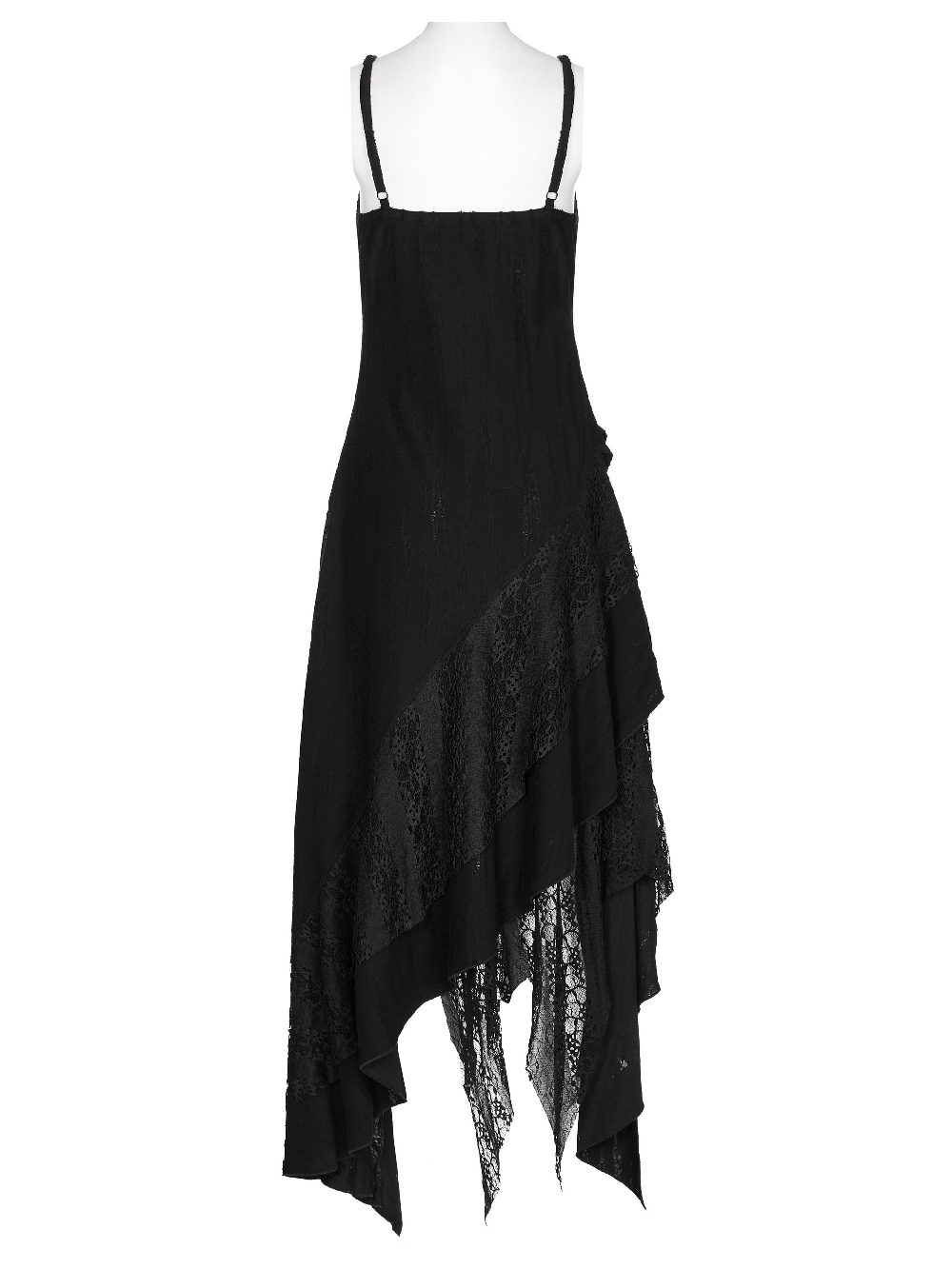 Back view of a black mesh lace asymmetrical gothic dress with pointed hem and elegant design.