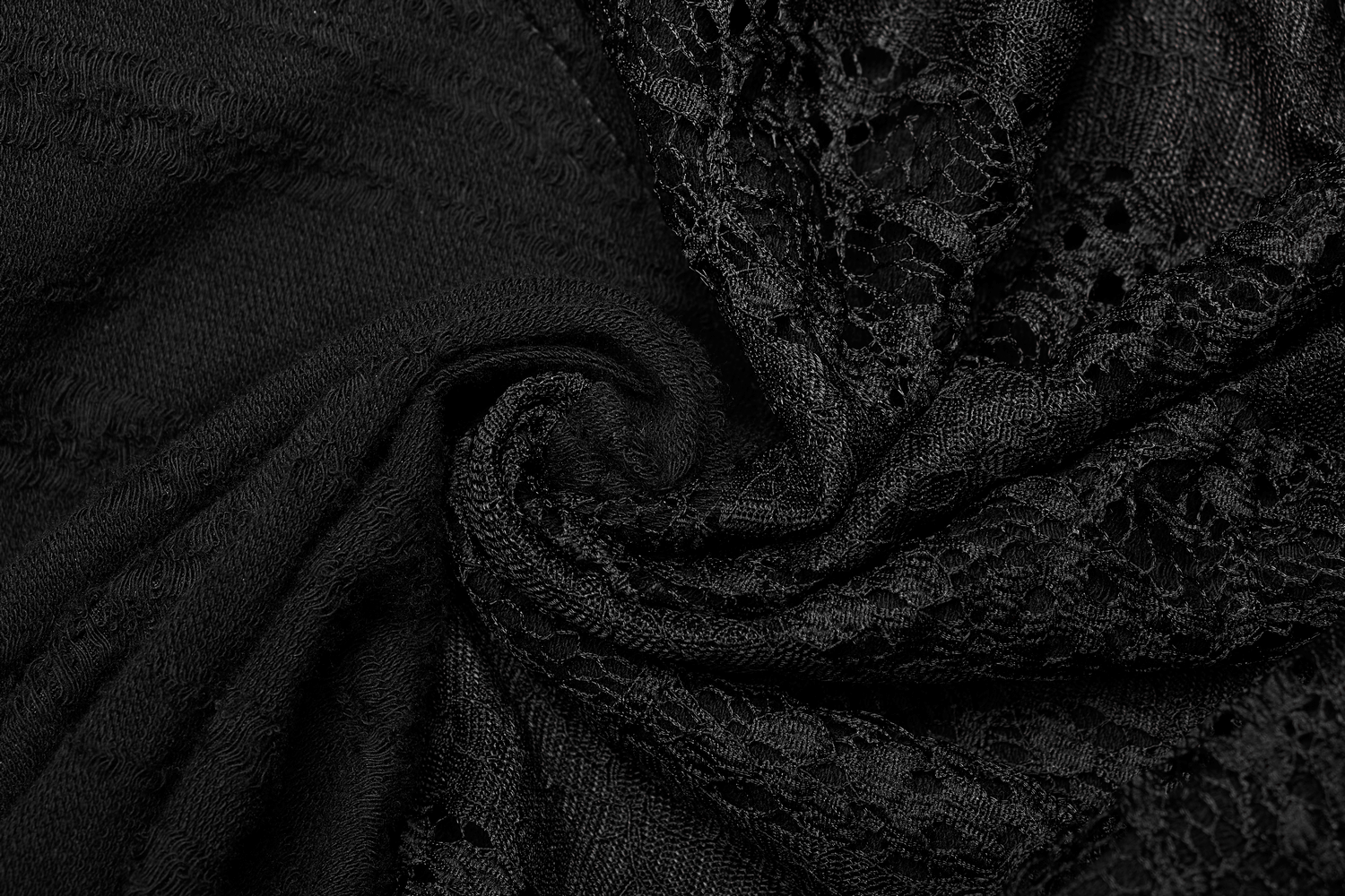 Close-up of black mesh and lace fabric showcasing a rich texture, perfect for gothic fashion and elegant designs.
