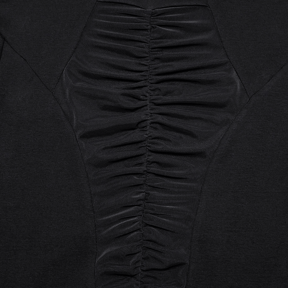 Close-up of black mesh panel t-shirt with gathered details, showcasing a gothic style and trendy stand collar design.