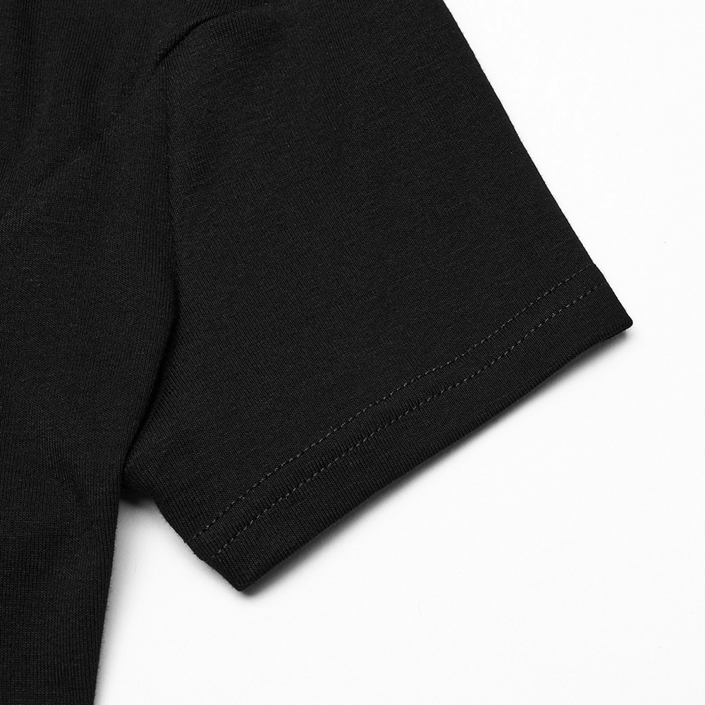 Close-up of the sleeve of a black mesh panel t-shirt with gothic style and stand collar.