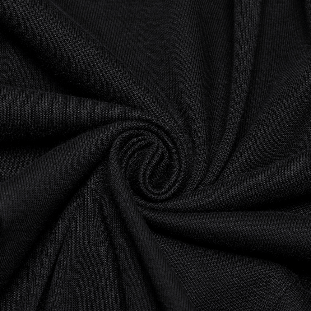 Close-up of soft black fabric, showcasing the texture for a gothic style mesh panel t-shirt with stand collar.