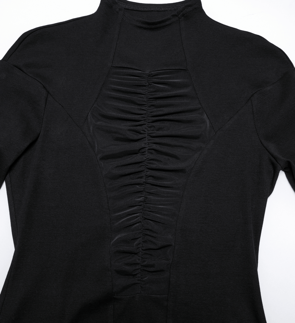 Back view of a black mesh panel T-shirt with ruched design and stand collar in gothic style.