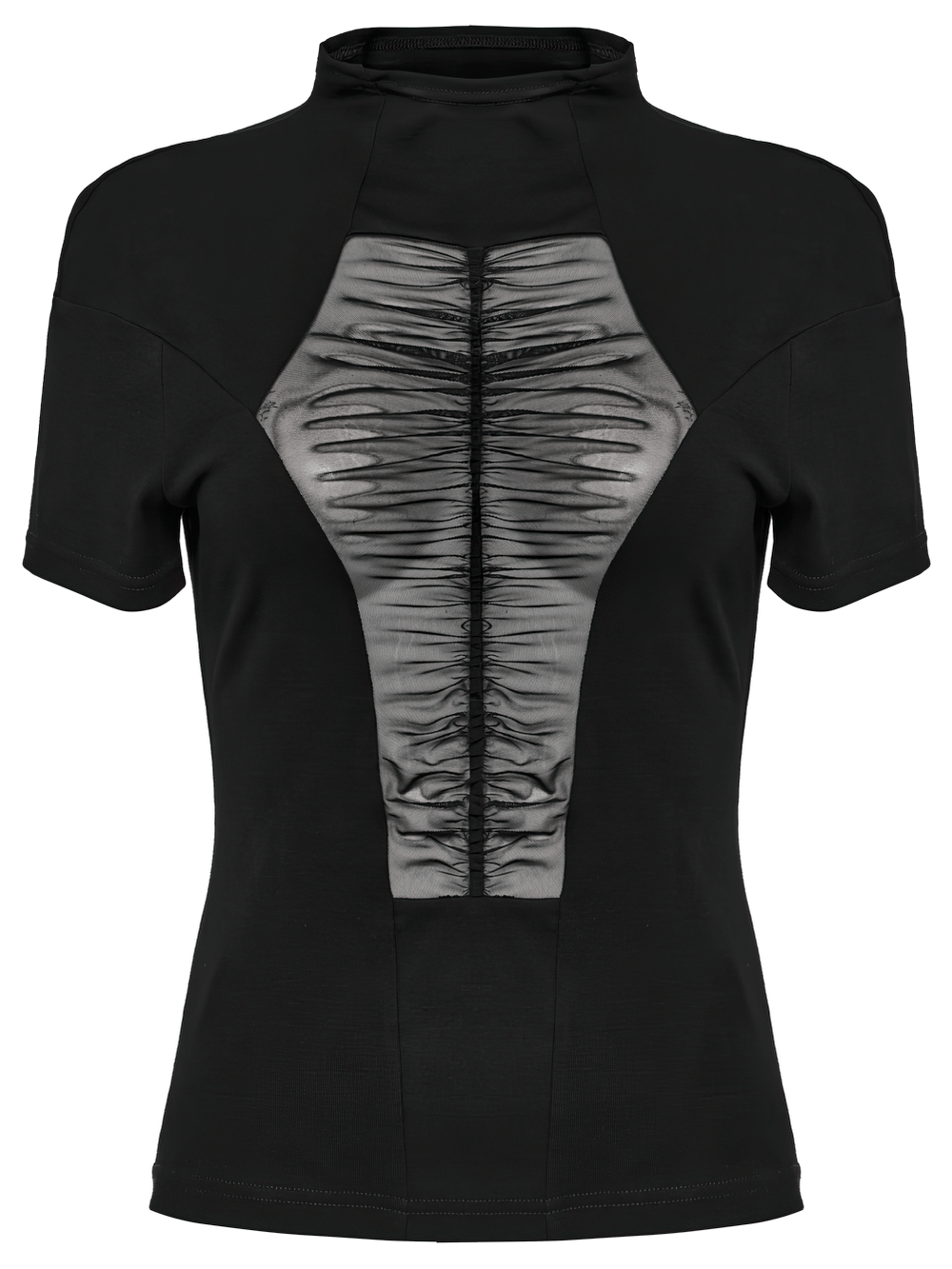 Black mesh panel T-shirt with stand collar, featuring a gothic style design, perfect for edgy fashion lovers.