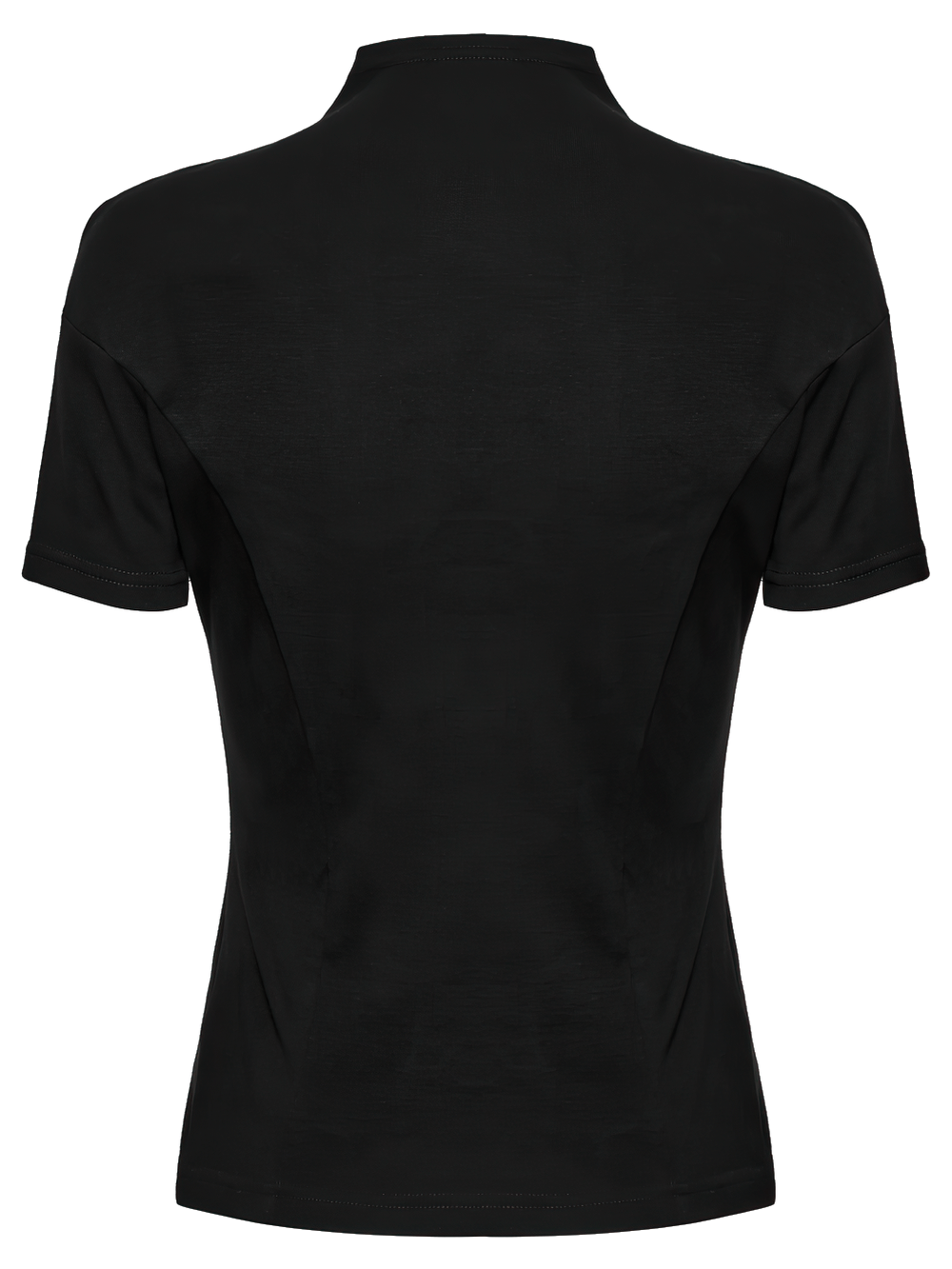 Back view of a black mesh panel T-shirt featuring a stylish stand collar with a gothic flair.