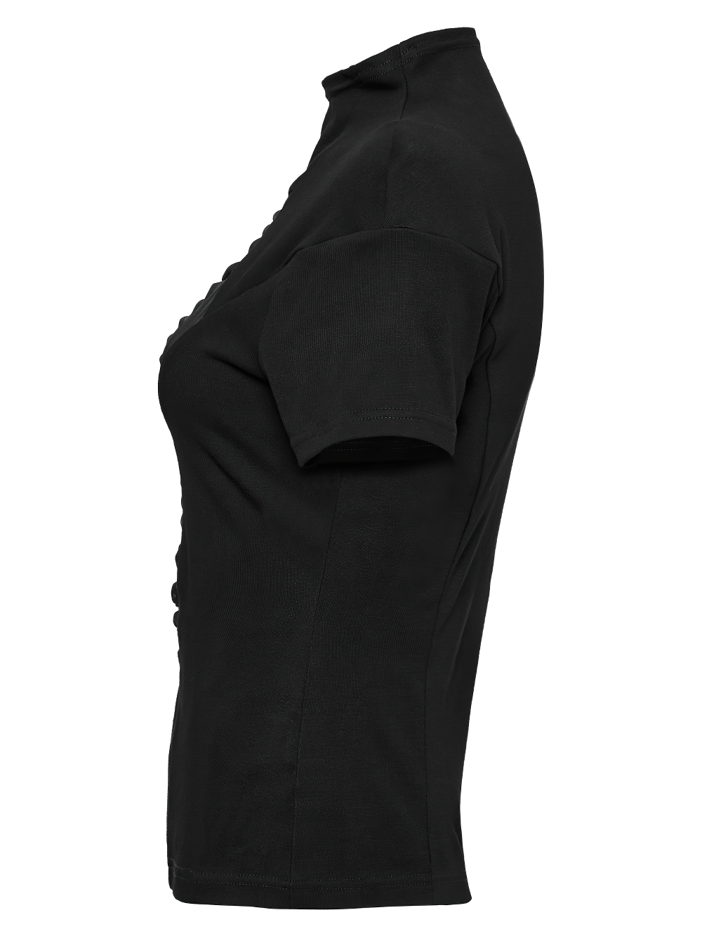 Side view of a black mesh panel T-shirt with stand collar, showcasing a sleek gothic style.