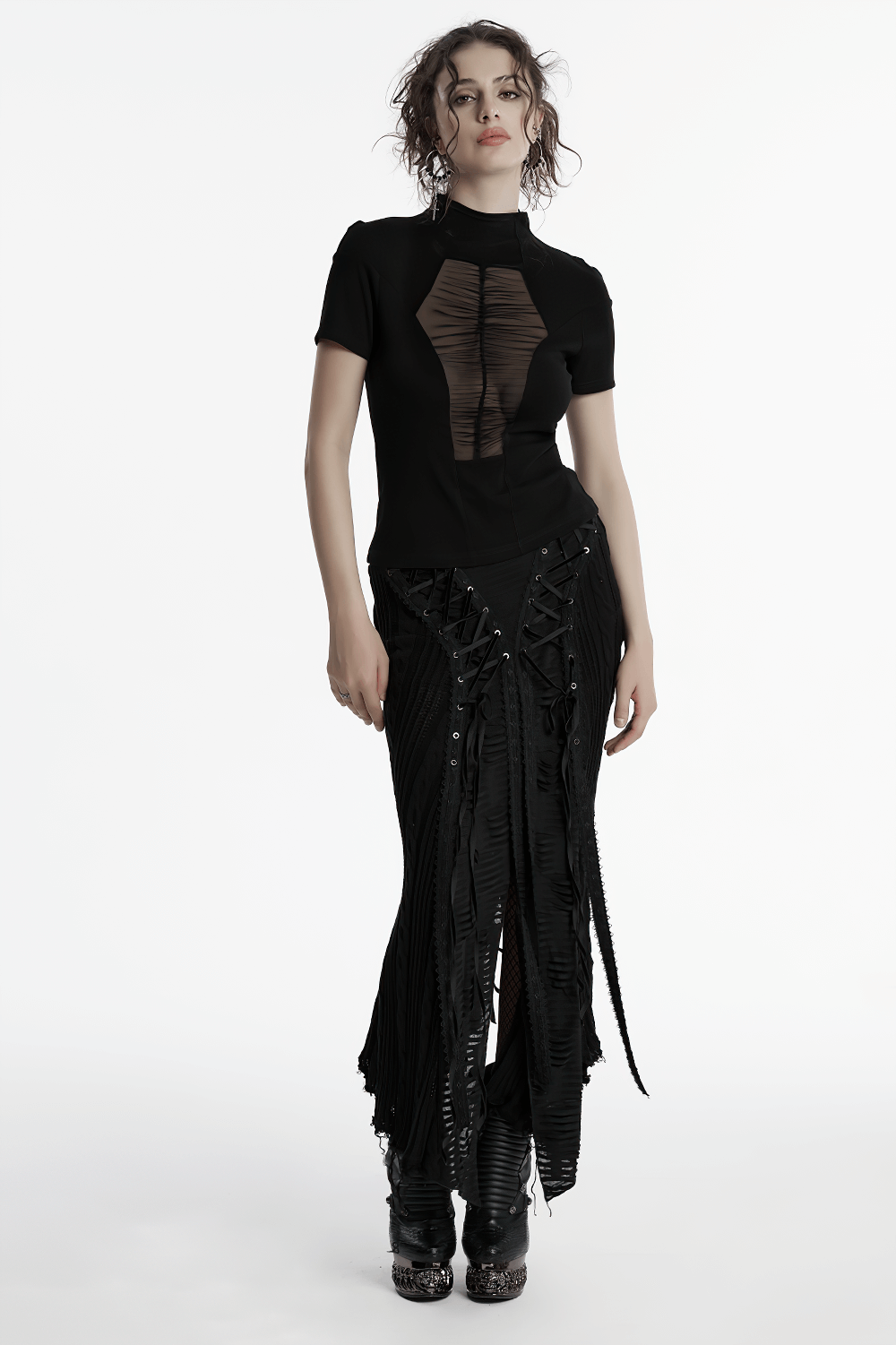 Black mesh panel T-shirt with stand collar in a gothic style, paired with a dramatic black skirt.