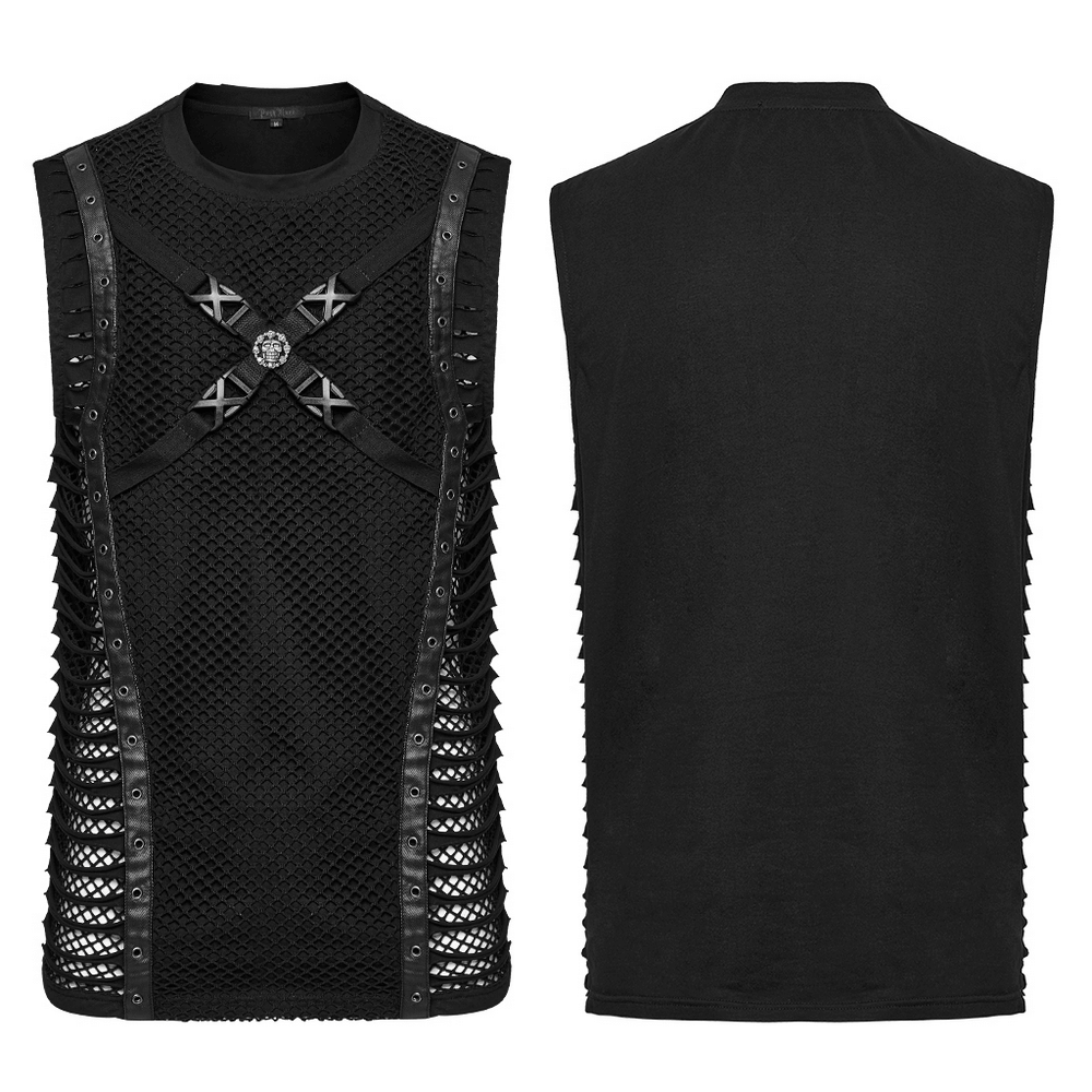 Black mesh punk tank top featuring rubber buckles and spiked details, perfect for edgy gothic fashion.
