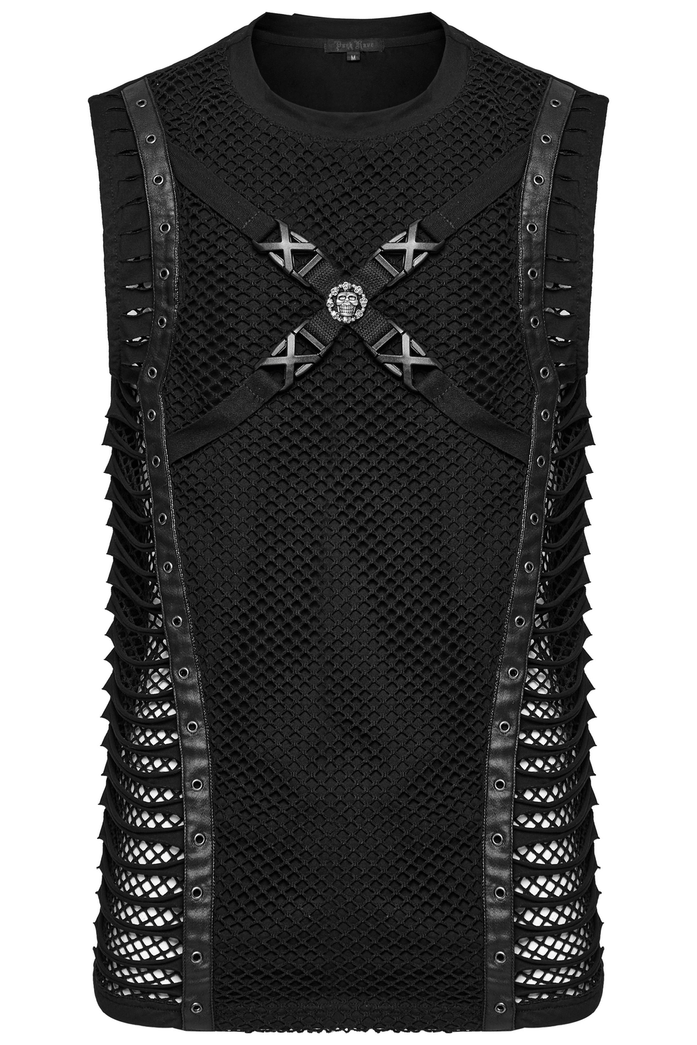 Edgy black mesh punk tank with rubber buckles and straps, showcasing bold cut-out design and alternative style.