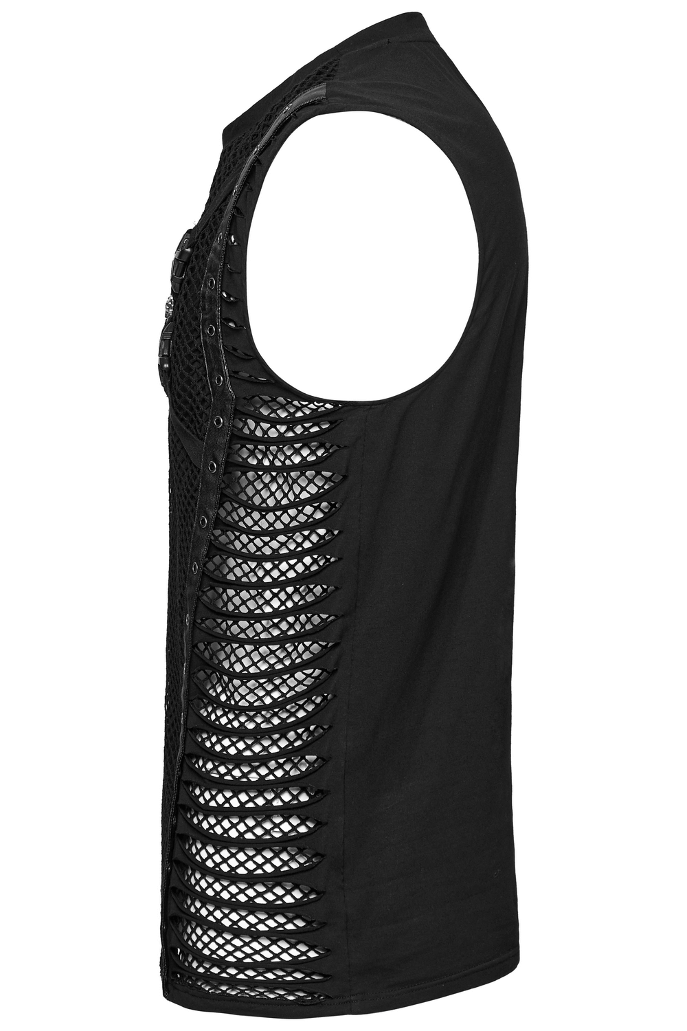 Black mesh punk tank top featuring rubber buckles and edgy strap details for bold street style.