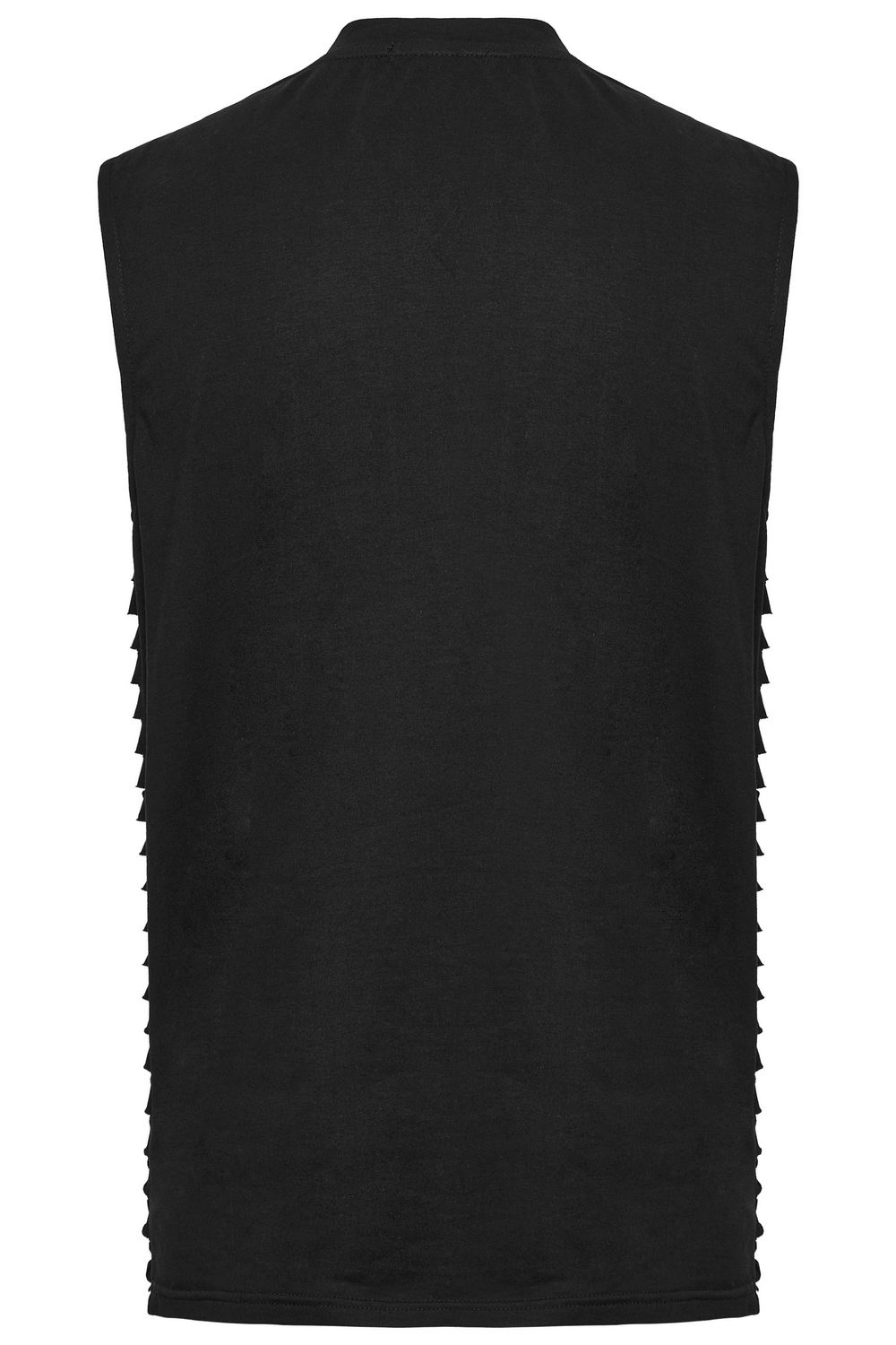 Back view of a black mesh punk tank featuring rubber buckles and edgy layered strap details.